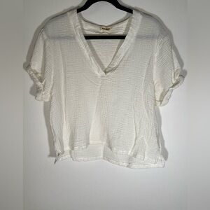 Rag Poets white v-neck cuffed short slv gauzy blouse sz L boho lightweight